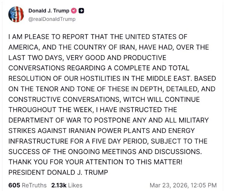 Έτσι ανακοινώνει ο Τραμπ την παράταση του τελεσιγράφου του στο Truth Social. Στιγμιότυπο: JF