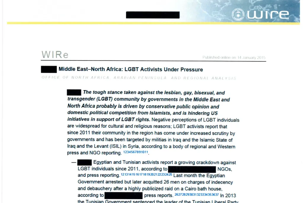 Βόμβα στην CIA: Αποσύρει 19 έγγραφα επηρεασμένα από DEI που στοχοποίησαν γυναίκες σε παραδοσιακούς ρόλους Έγγραφο με τίτλο «Μέση Ανατολή-Βόρεια Αφρική: Οι ακτιβιστές ΛΟΑΤΚΙ υπό πίεση», που συζητά τις προκλήσεις της κοινότητας ΛΟΑΤΚΙ στην περιοχή.